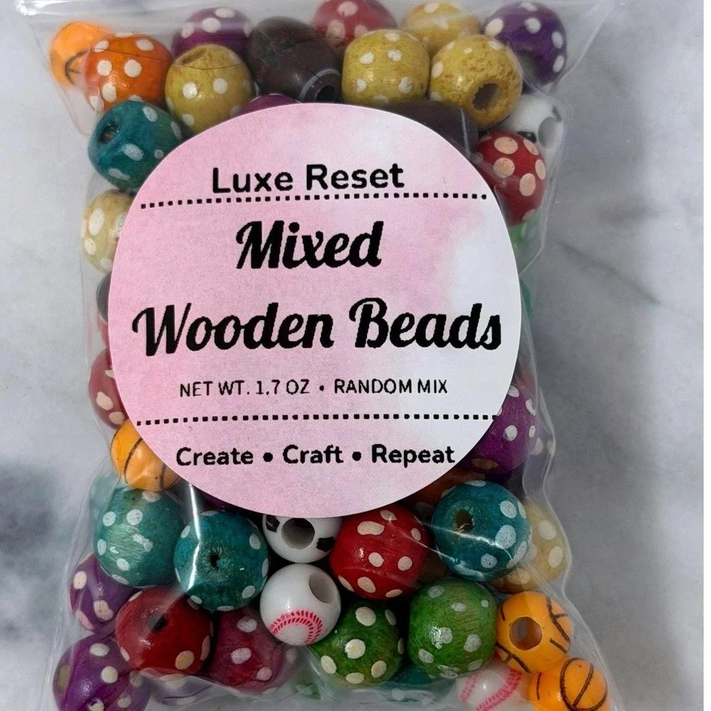 Luxe Reset 1.7oz Mixed Wooden Beads Polka Dot Sports Craft Jewelry DIY Mix